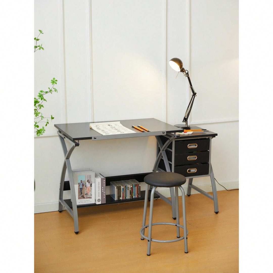 Adjustable Drafting Table with Stool and Crossed Legs - 3 Drawers and 0-75 Degree Tilt for Artists and Designers Image 5