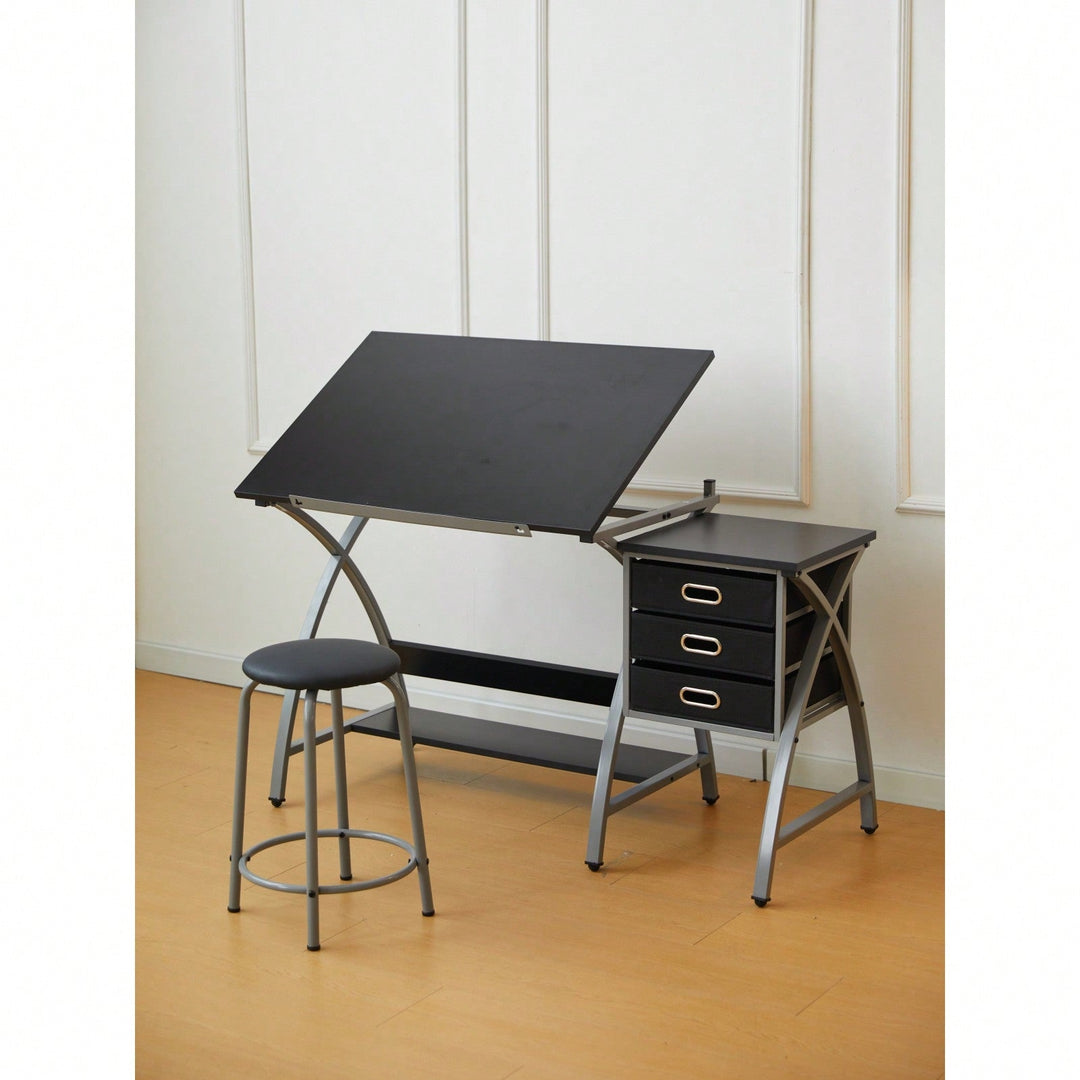 Adjustable Drafting Table with Stool and Crossed Legs - 3 Drawers and 0-75 Degree Tilt for Artists and Designers Image 6