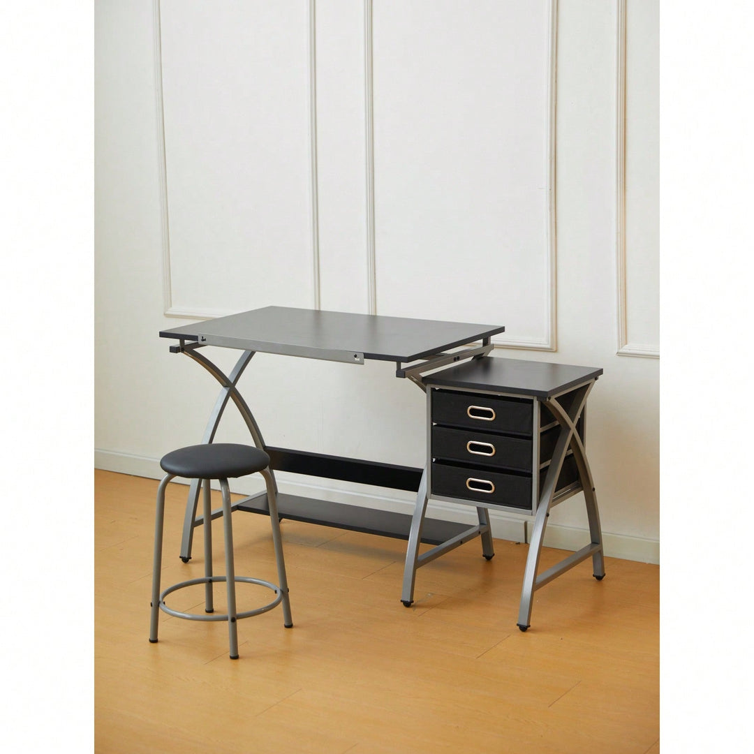 Adjustable Drafting Table with Stool and Crossed Legs - 3 Drawers and 0-75 Degree Tilt for Artists and Designers Image 7