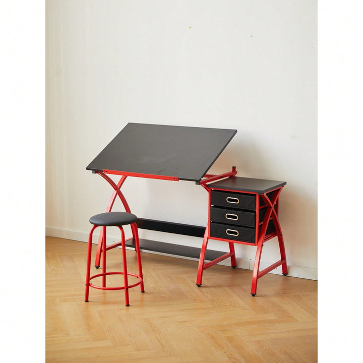 Adjustable Drafting Table with Stool and Crossed Legs - 3 Drawers and 0-75 Degree Tilt for Artists and Designers Image 10