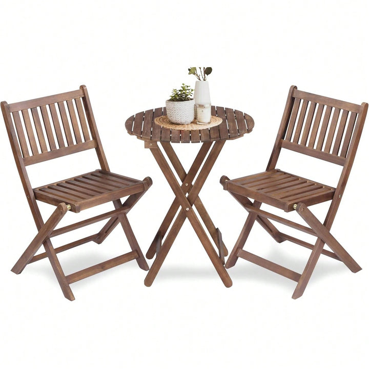 Acacia Wood 3-Piece Folding Bistro Set with Coffee Table and 2 Chairs for Garden Balcony Porch Image 1