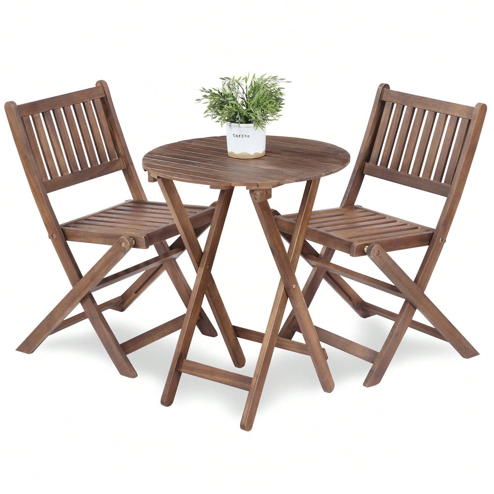 Acacia Wood 3-Piece Folding Bistro Set with Coffee Table and 2 Chairs for Garden Balcony Porch Image 2