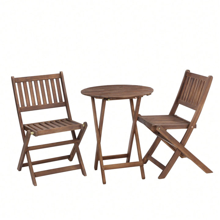 Acacia Wood 3-Piece Folding Bistro Set with Coffee Table and 2 Chairs for Garden Balcony Porch Image 3