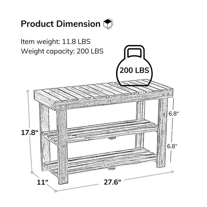 Acacia Wood 3 Tier Shoe Rack Bench Sturdy Storage Organizer for Entryway Bathroom Indoor Outdoor Use 200 LBS Capacity Image 5