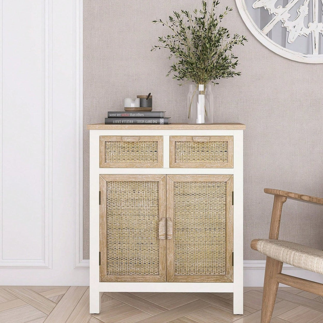 Accent Cabinet With 2 Drawers And 2 Doors, Multi-Tiered Storage Cabinet, Rustic White Finish Image 1