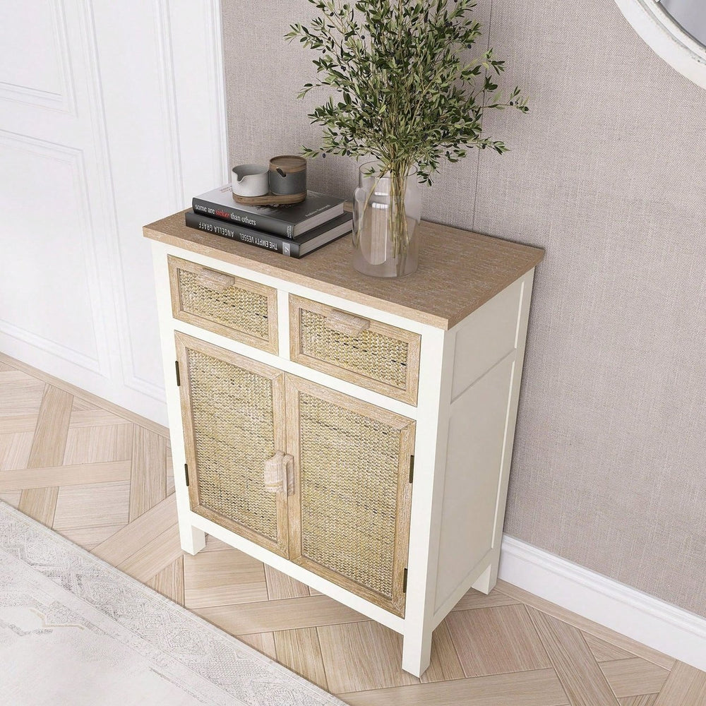 Accent Cabinet With 2 Drawers And 2 Doors, Multi-Tiered Storage Cabinet, Rustic White Finish Image 2