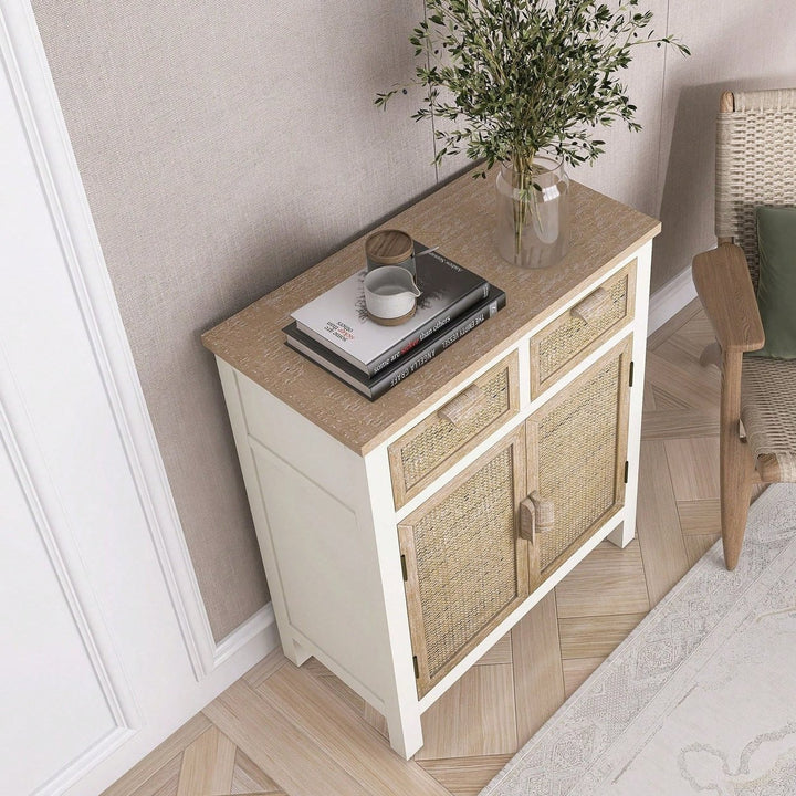 Accent Cabinet With 2 Drawers And 2 Doors, Multi-Tiered Storage Cabinet, Rustic White Finish Image 3