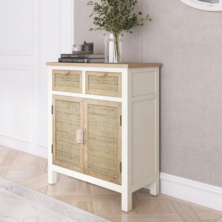 Accent Cabinet With 2 Drawers And 2 Doors, Multi-Tiered Storage Cabinet, Rustic White Finish Image 4