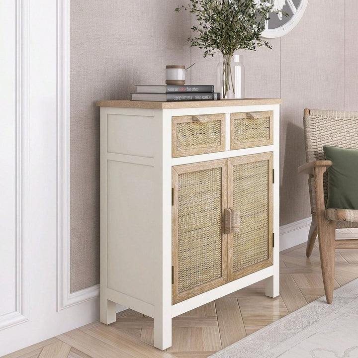 Accent Cabinet With 2 Drawers And 2 Doors, Multi-Tiered Storage Cabinet, Rustic White Finish Image 5