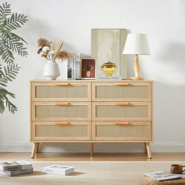 6 Double Dresser With Rattan Drawers, Wood Chest Of Drawers For Kids Room, Living Room, Entry And Hallway Image 1