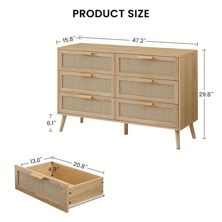 6 Double Dresser With Rattan Drawers, Wood Chest Of Drawers For Kids Room, Living Room, Entry And Hallway Image 3