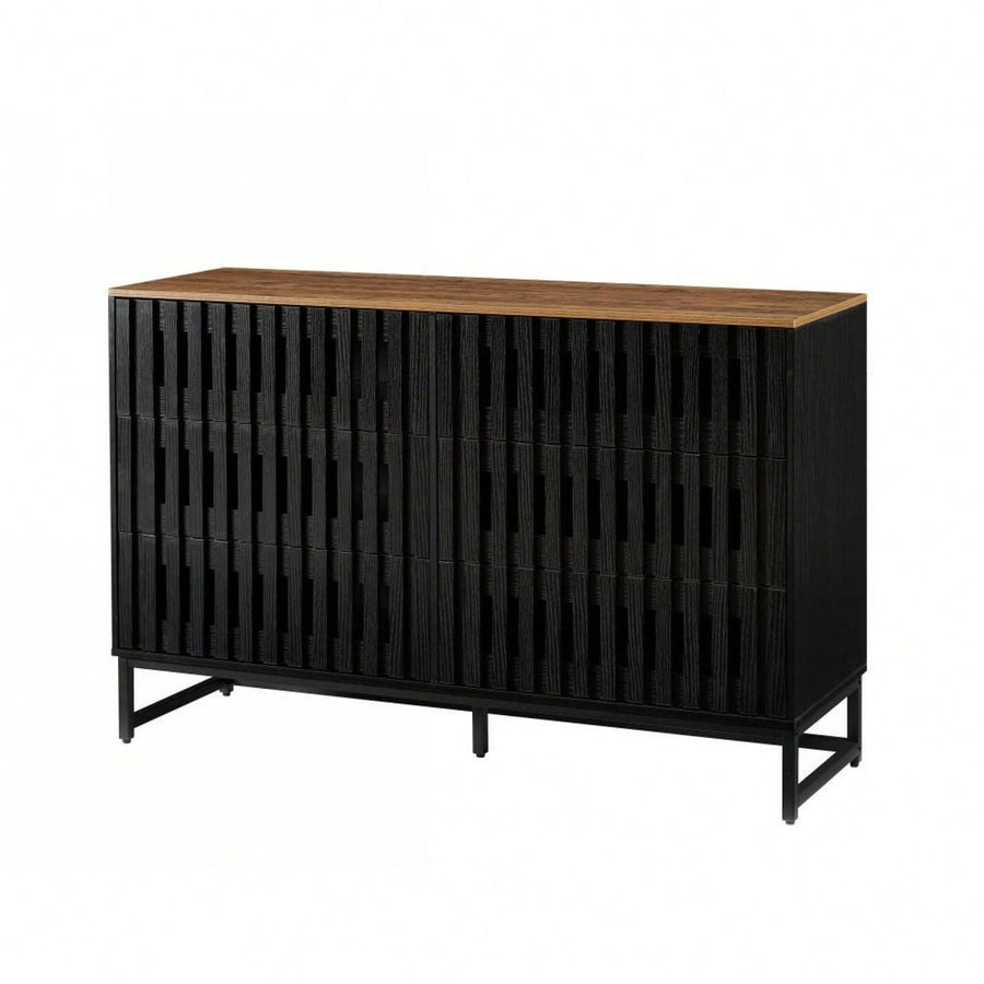 6 Drawer Double Dresser With Slatted Grille Striped Drawer, Modern Style Dresser, High-Quality MDF And Metal Leg Image 1