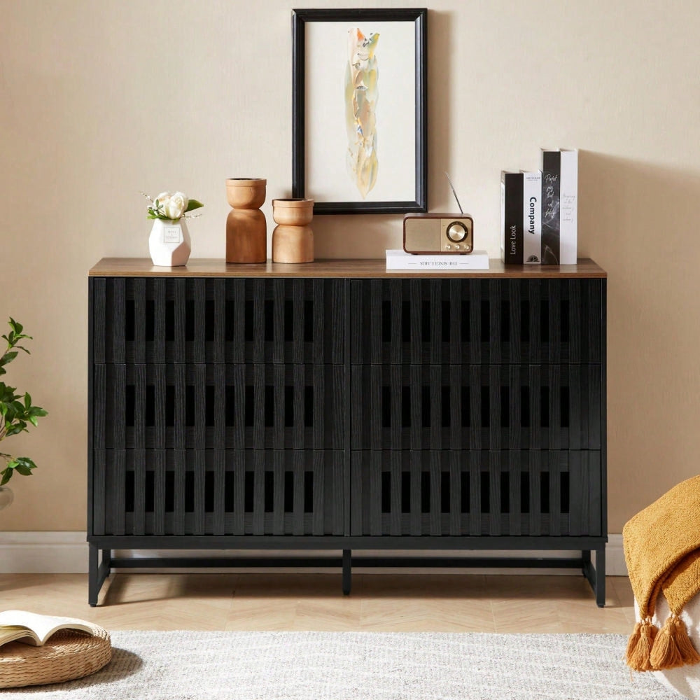 6 Drawer Double Dresser With Slatted Grille Striped Drawer, Modern Style Dresser, High-Quality MDF And Metal Leg Image 2