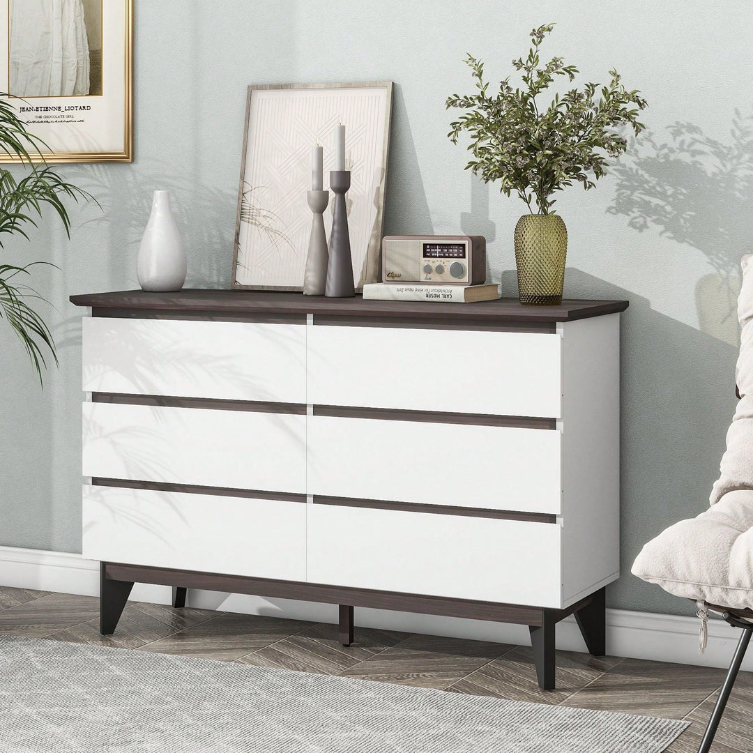 6-Drawer Double Dresser,Wide Drawers,White Dresser For Bedroom, Wood Storage Chest Of Drawers For Living Room Hallway Image 3