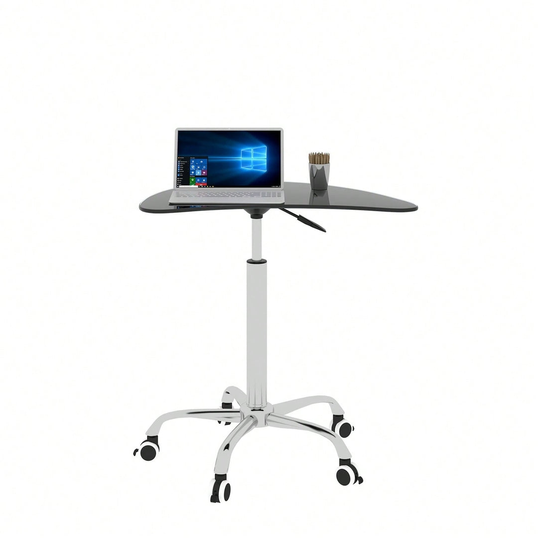 Adjustable Black Tempered Glass Rolling Desk Table with Lockable Wheels for Home Office 24.2 to 32.7 Inches Lightweight Image 1