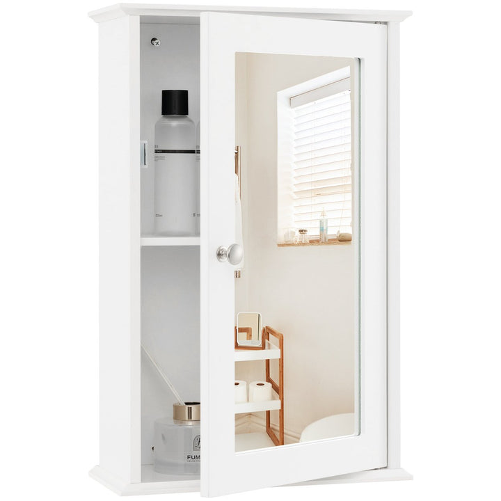 Bathroom Wall Medicine Cabinet Single Mirror Door Cupboard Storage Wood Shelf White Image 1