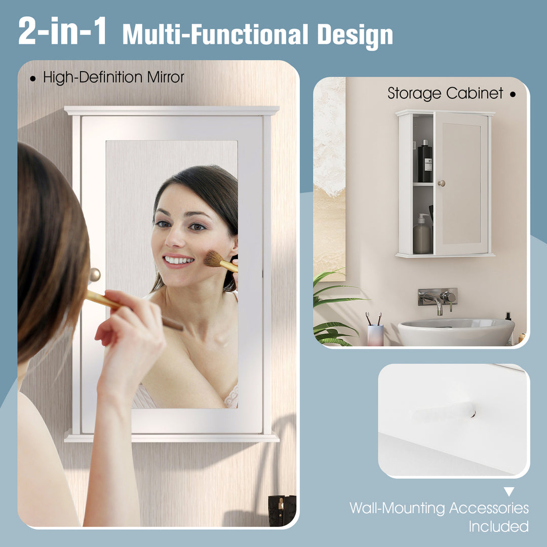 Bathroom Wall Medicine Cabinet Single Mirror Door Cupboard Storage Wood Shelf White Image 8