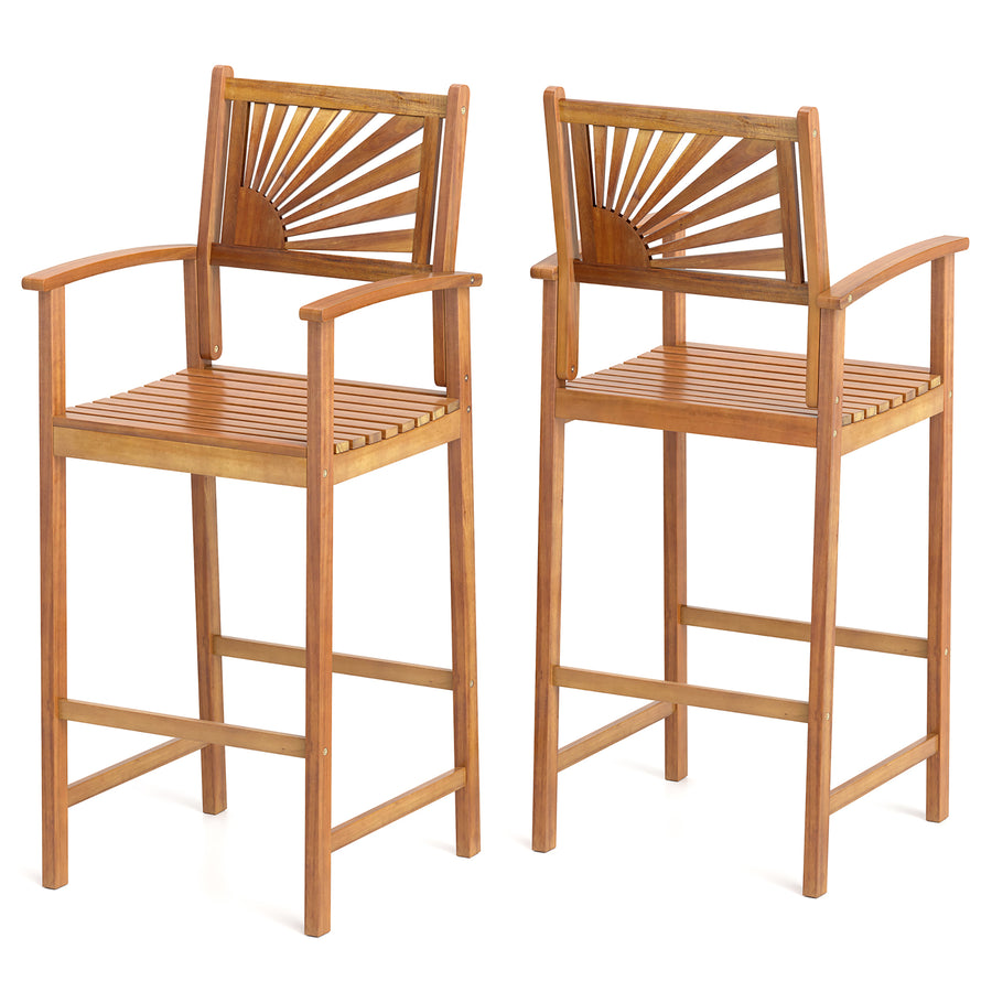 Set of 2 Outdoor Acacia Wood Bar Stools Bar Height Patio Chairs w/ Backrests Image 1