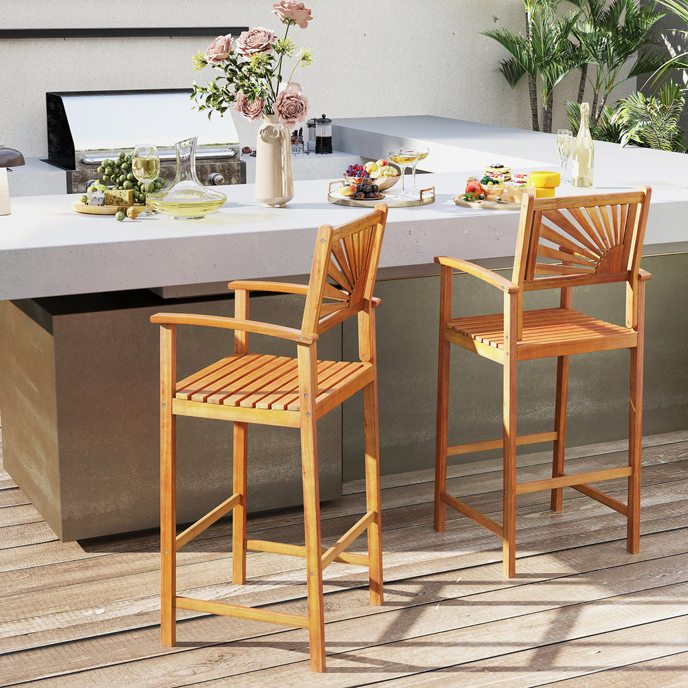 Set of 2 Outdoor Acacia Wood Bar Stools Bar Height Patio Chairs w/ Backrests Image 2