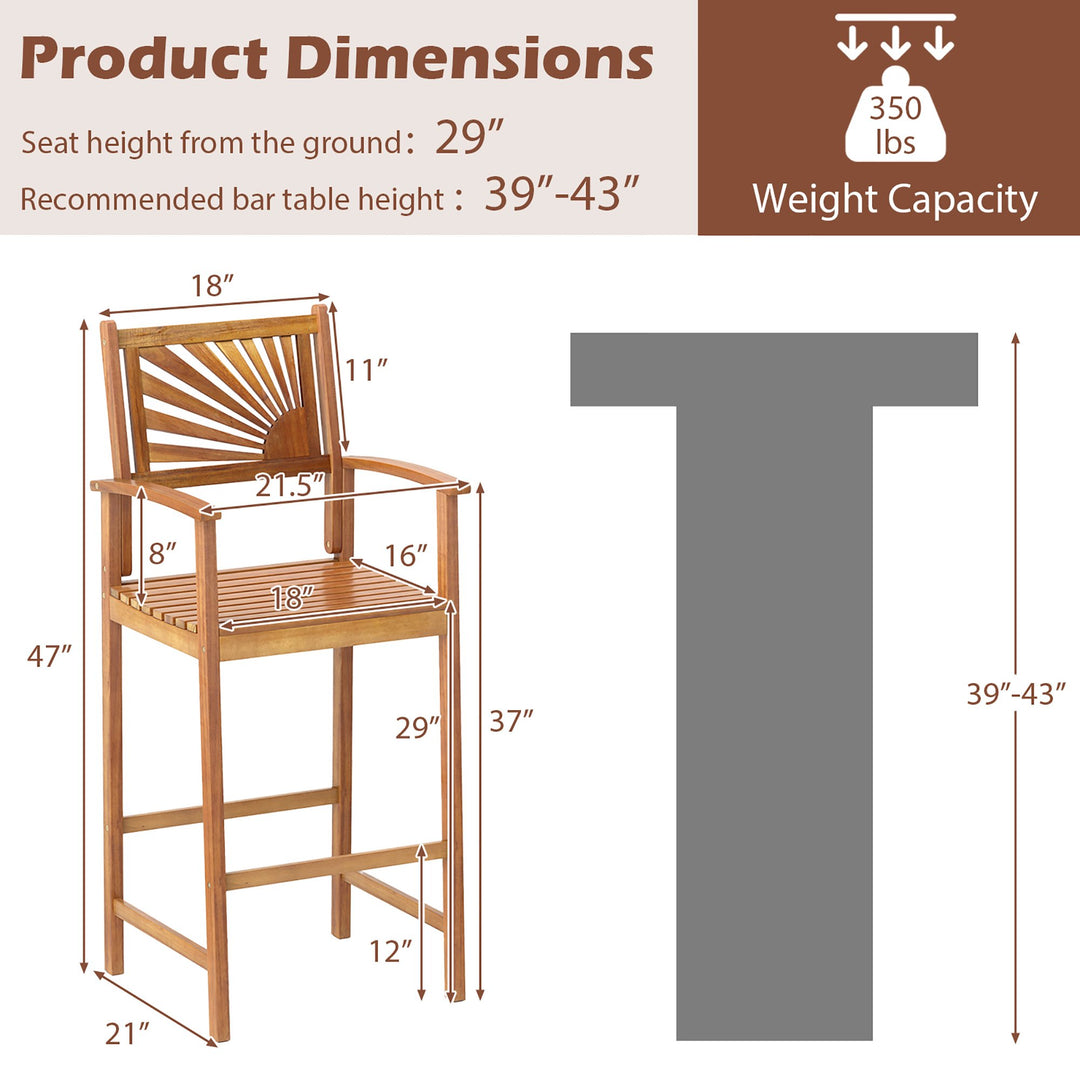 Set of 2 Outdoor Acacia Wood Bar Stools Bar Height Patio Chairs w/ Backrests Image 3