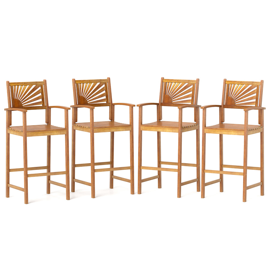 Set of 4 Outdoor Acacia Wood Bar Stools Bar Height Patio Chairs w/ Backrests Image 1