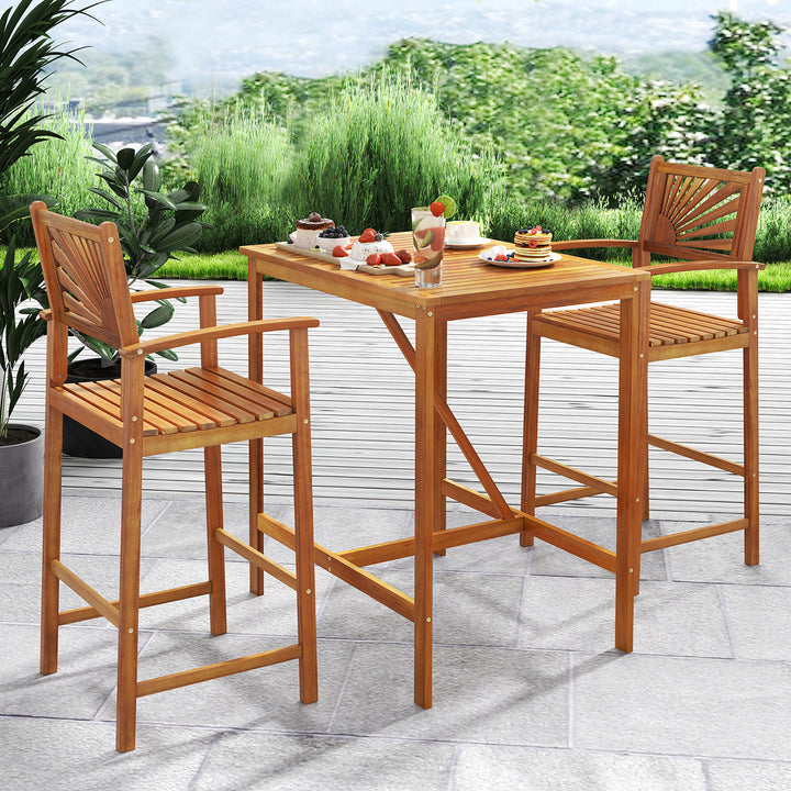 Set of 2 Outdoor Acacia Wood Bar Stools Bar Height Patio Chairs w/ Backrests Image 4