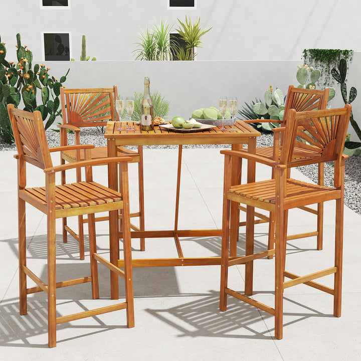 Set of 2 Outdoor Acacia Wood Bar Stools Bar Height Patio Chairs w/ Backrests Image 5