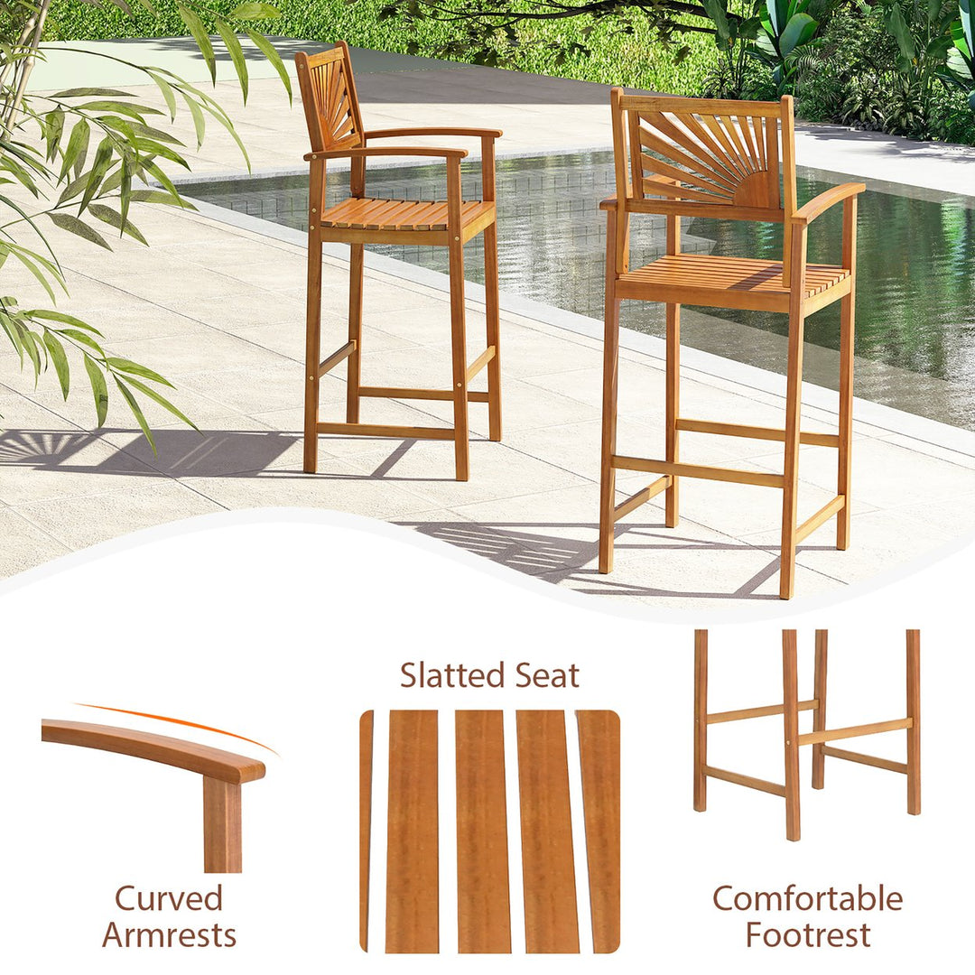 Set of 2 Outdoor Acacia Wood Bar Stools Bar Height Patio Chairs w/ Backrests Image 6