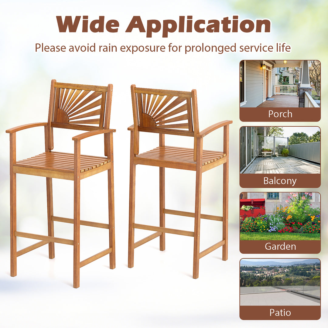 Set of 2 Outdoor Acacia Wood Bar Stools Bar Height Patio Chairs w/ Backrests Image 7