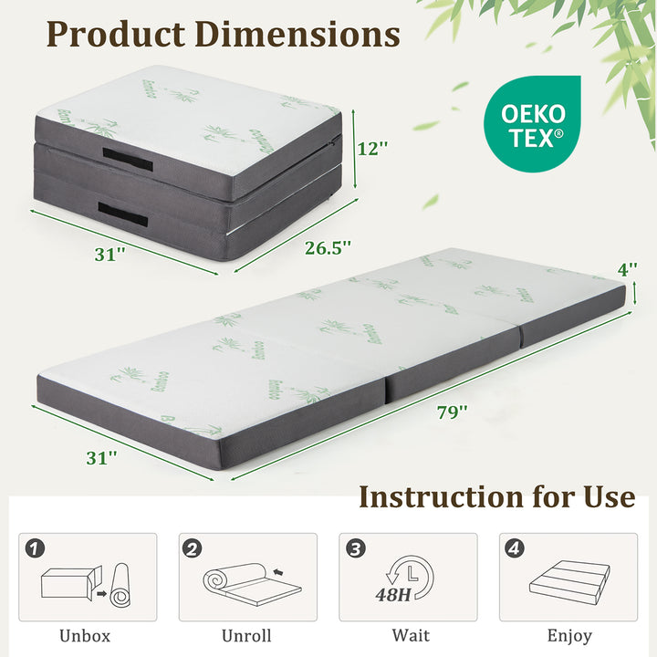 Tri-fold Foam Mattress 4 Inch Thick Folding Mattress w/ Washable Bamboo Fiber Cover Image 3