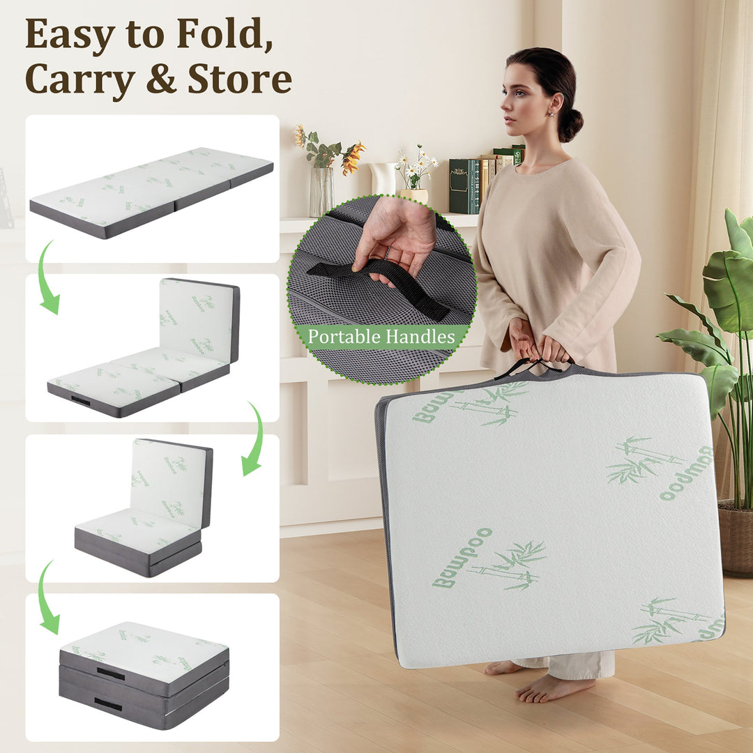 Tri-fold Foam Mattress 4 Inch Thick Folding Mattress w/ Washable Bamboo Fiber Cover Image 9