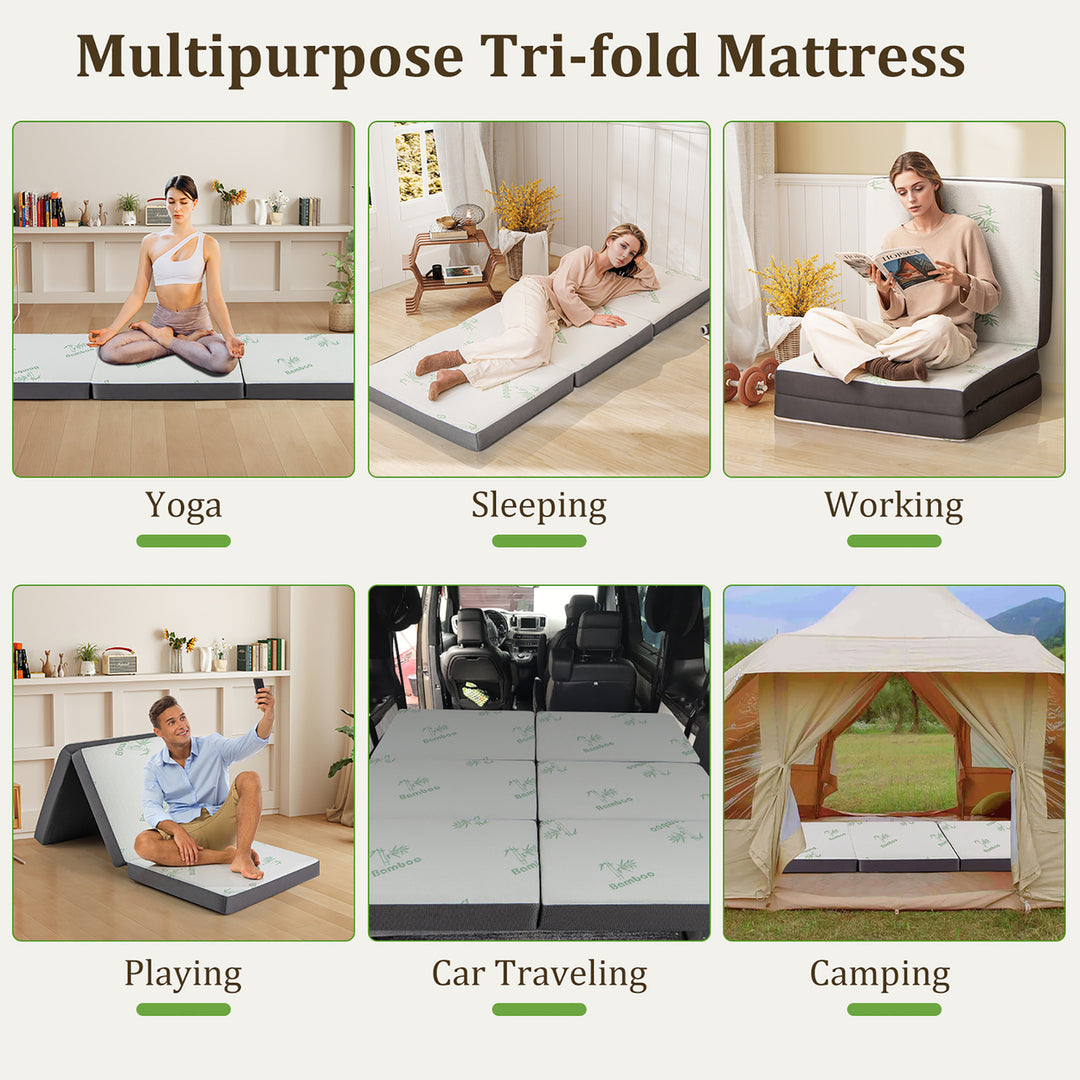 Tri-fold Foam Mattress 4 Inch Thick Folding Mattress w/ Washable Bamboo Fiber Cover Image 10