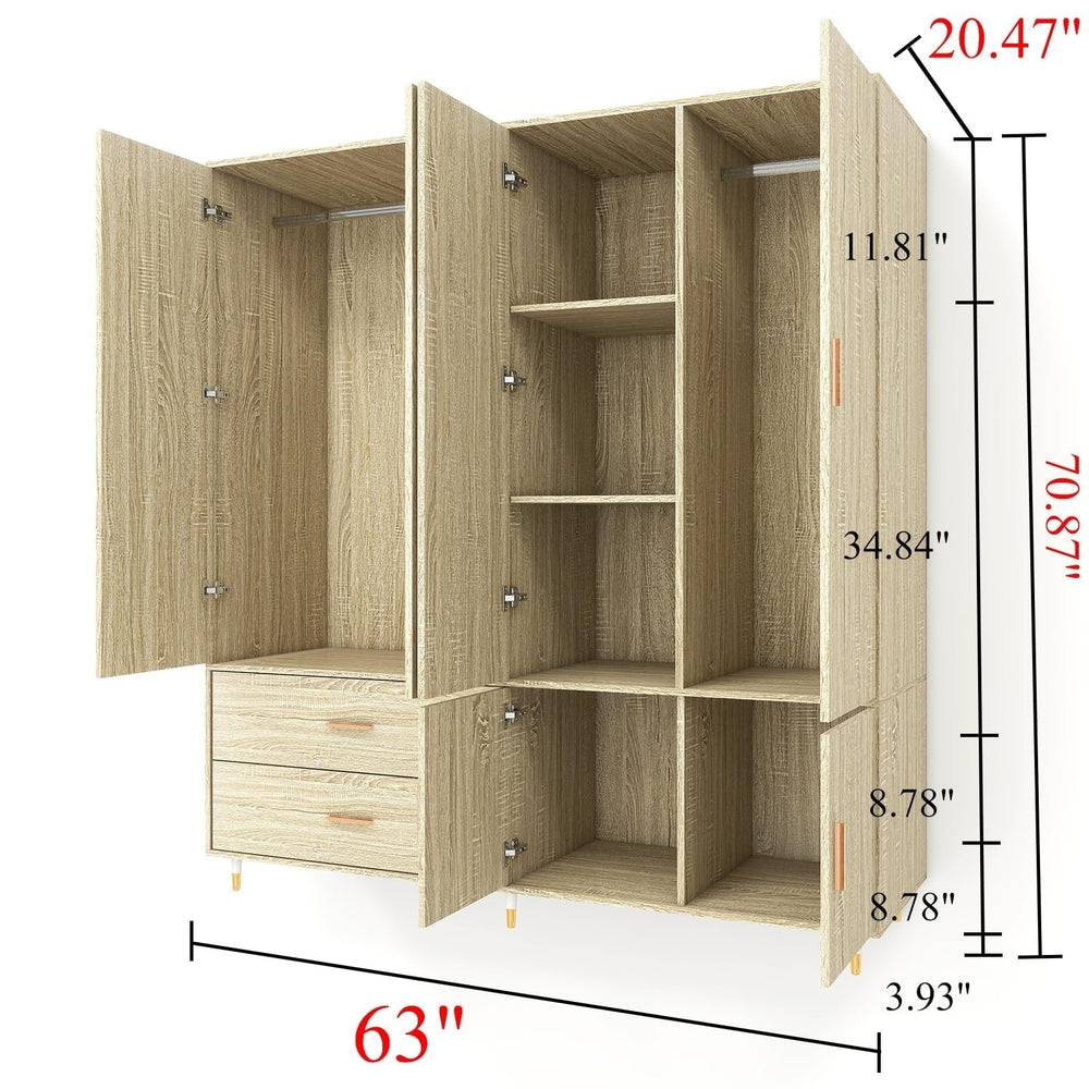 Wooden Armoire Wardrobe Closet Clothes Storage with 4 Doors, 2 Drawers,2 Hanging Rods, Mirror and Shelves Image 2