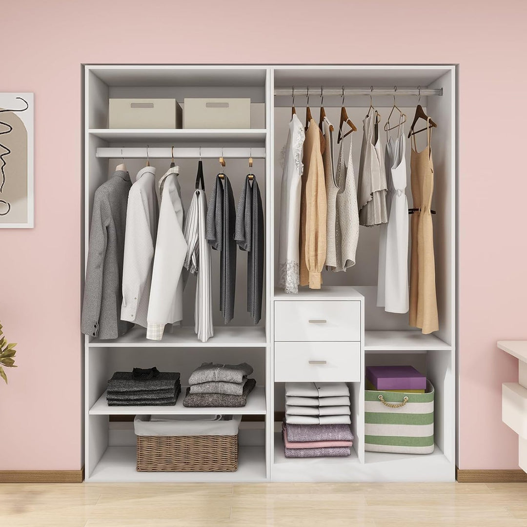 Closet System, Modern Closet Shelving System with 2 Drawers, Walk in Closet with 2 Hanging Rods, Closet Organizers and Image 1