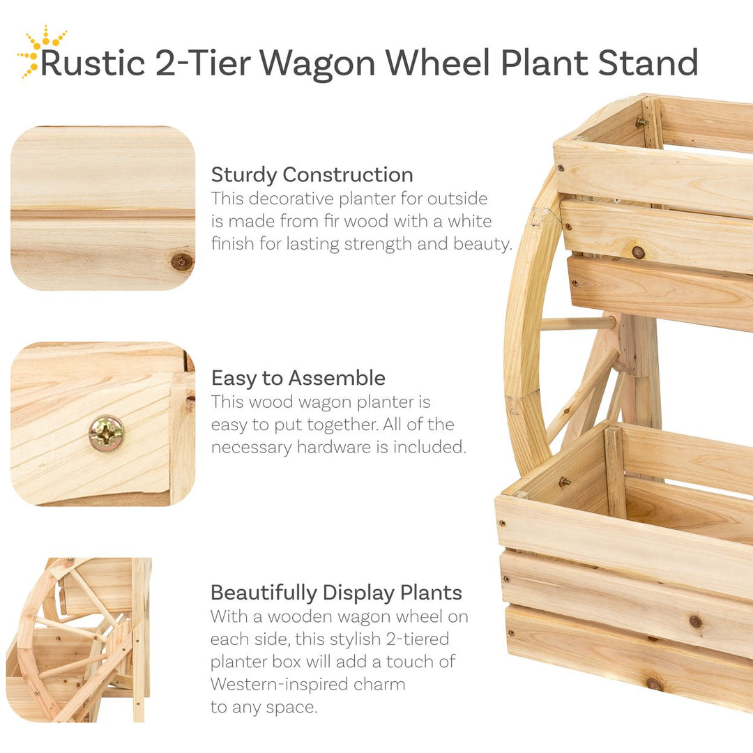 Sunnydaze 2-Tier Fir Wood Wagon Wheel Planter - Natural Image 2