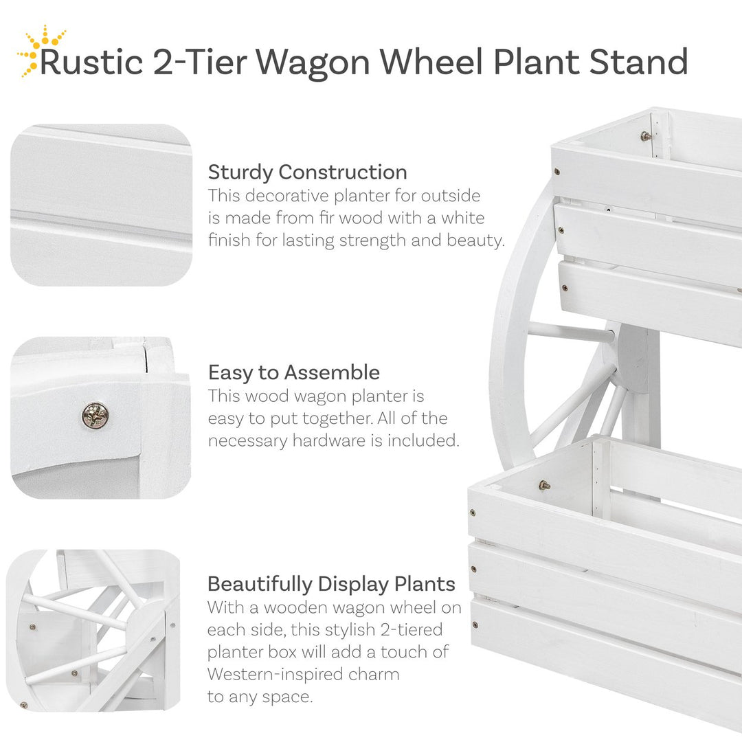 Sunnydaze 2-Tier Fir Wood Wagon Wheel Planter - White Image 2