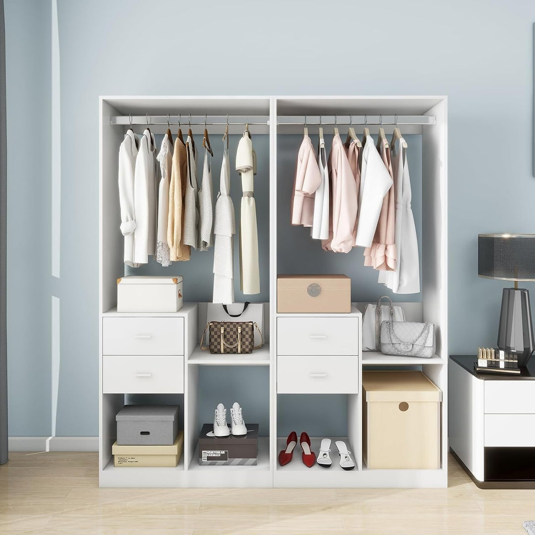 Wooden Wardrobe Closet Organizer System with 4 Drawers,Closet System for Bedroom,White Image 1