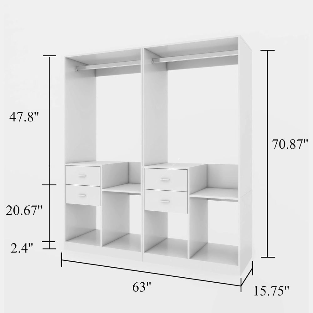 Wooden Wardrobe Closet Organizer System with 4 Drawers,Closet System for Bedroom,White Image 2