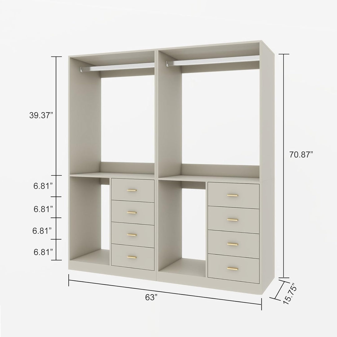 Wood Closet System for Walk in Closets with 8 Drawers 2 Hanging Rods and Shelves Clothes Storage Cabinet Built-in Closet Image 2