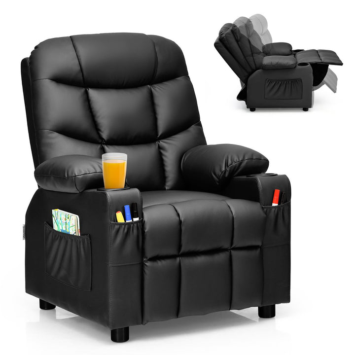 Costway Kids Youth Recliner Chair PU Leather w/Cup Holders and Side Pockets Blue\Black\Brown Image 1