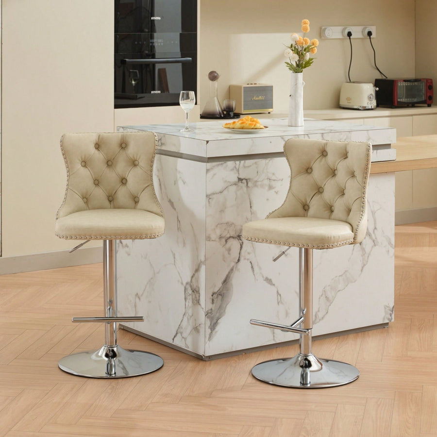 Beige Adjustable Swivel PU Leather Bar Stools with Tufted Backs Chrome Base Set of 2 Height 25-33 Inches for Home Pub Image 1