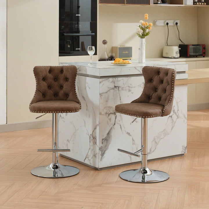 Beige Adjustable Swivel PU Leather Bar Stools with Tufted Backs Chrome Base Set of 2 Height 25-33 Inches for Home Pub Image 2