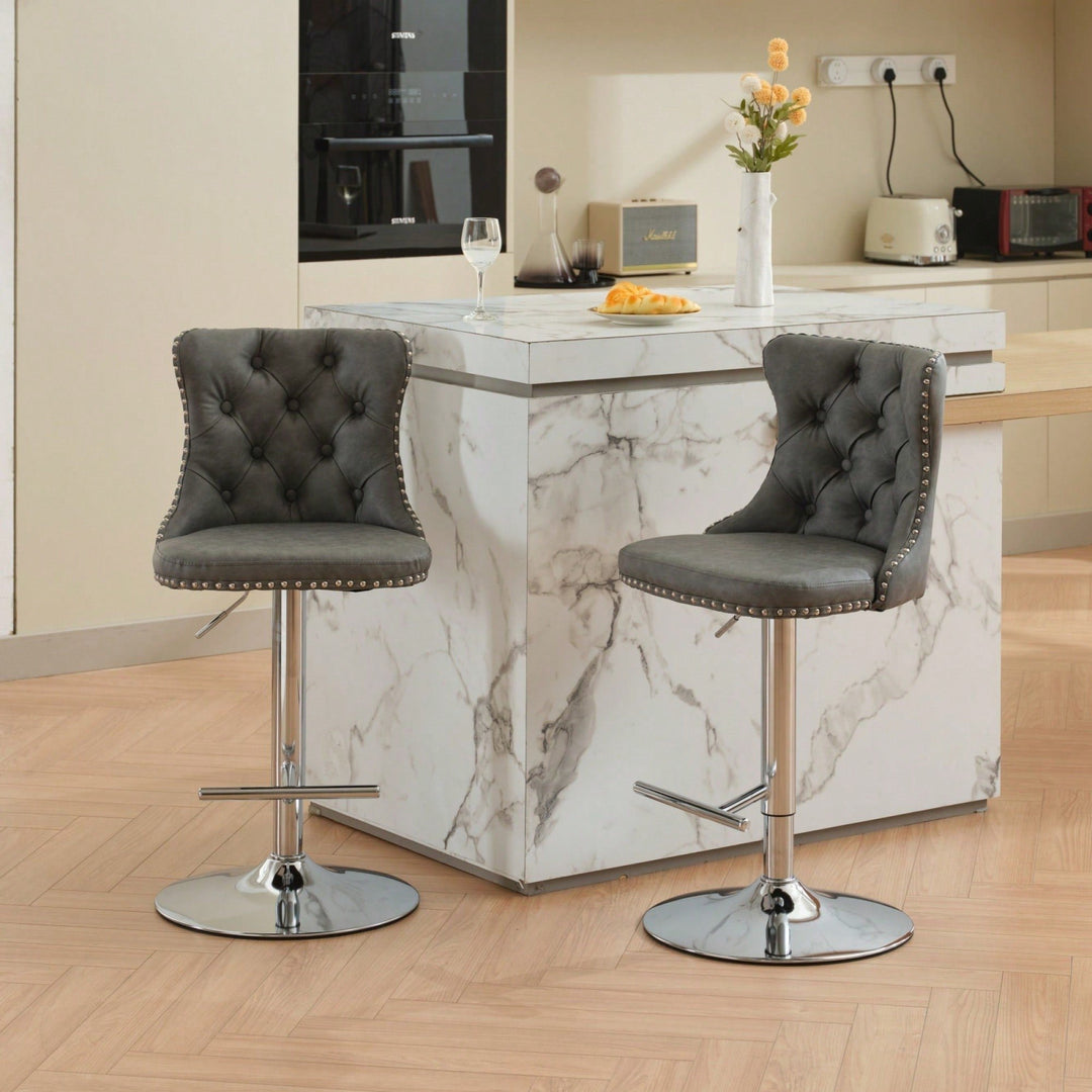 Beige Adjustable Swivel PU Leather Bar Stools with Tufted Backs Chrome Base Set of 2 Height 25-33 Inches for Home Pub Image 3