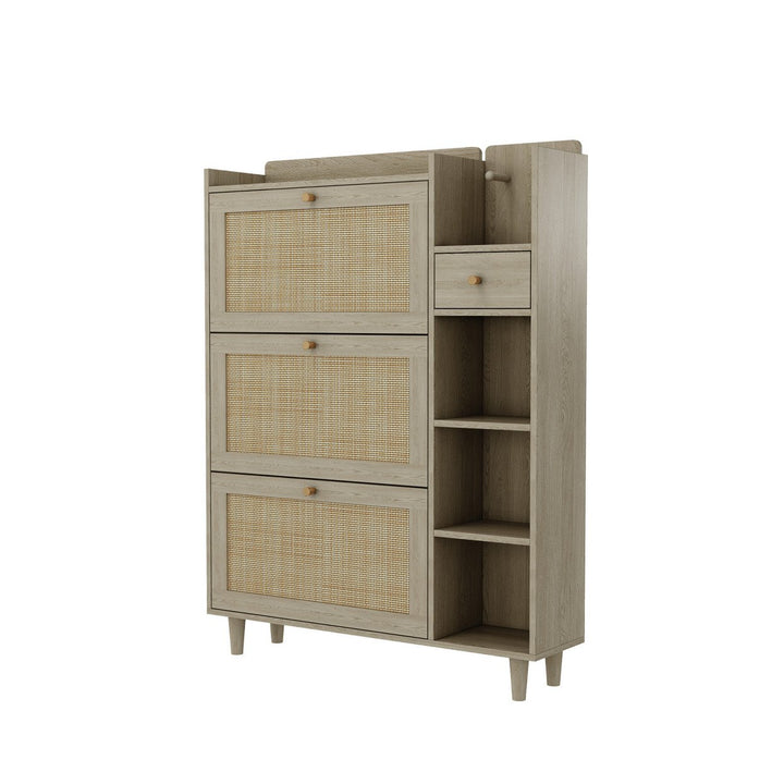 Bohemia Rattan Shoe Cabinet with Adjustable Shelves and Hooks for Entryway Storage Image 2