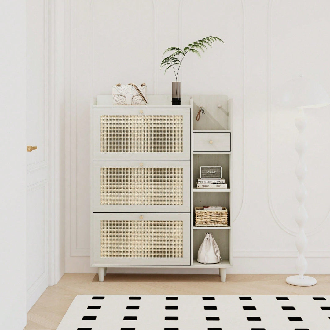 Bohemia Rattan Shoe Cabinet with Adjustable Shelves and Hooks for Entryway Storage Image 3