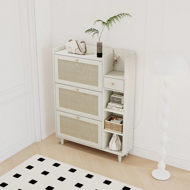 Bohemia Rattan Shoe Cabinet with Adjustable Shelves and Hooks for Entryway Storage Image 4