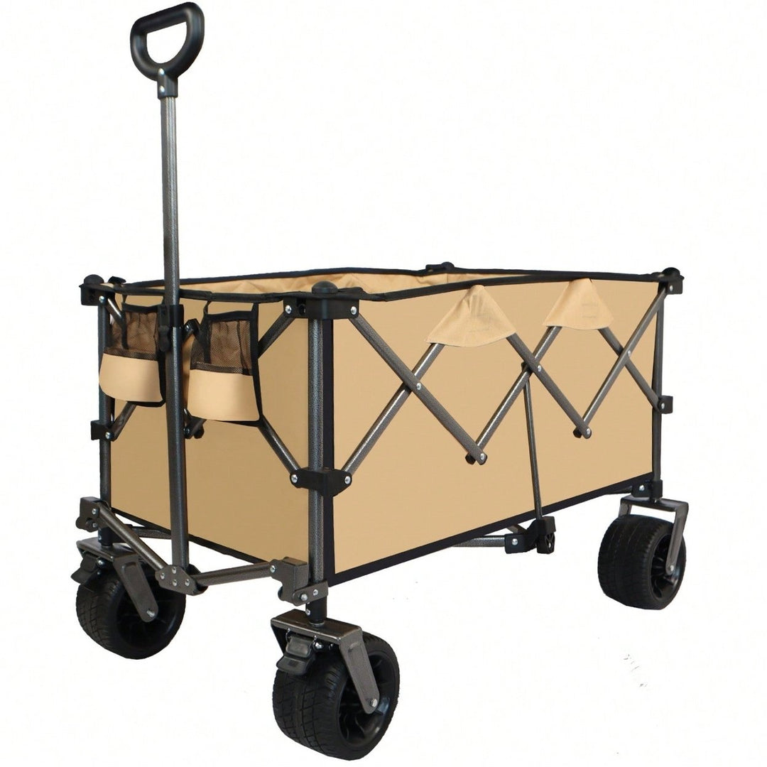 All-Terrain Heavy Duty Folding Wagon Cart with Waterproof Fabric Adjustable Handle and Cup Holders for Camping Beach and Image 2