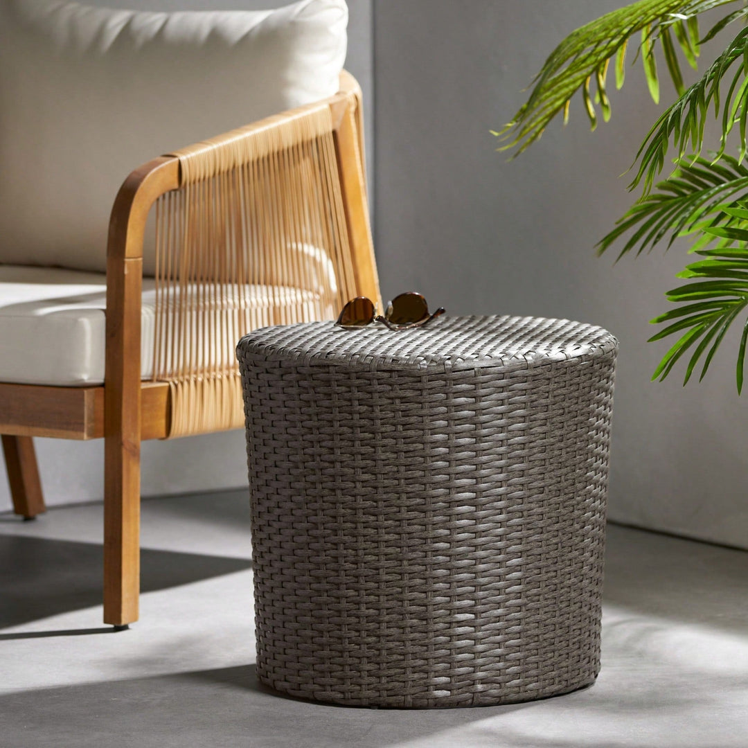 All-Weather PE Rattan Wicker Barrel Side Table with Iron Frame for Garden Balcony Poolside Use Image 4