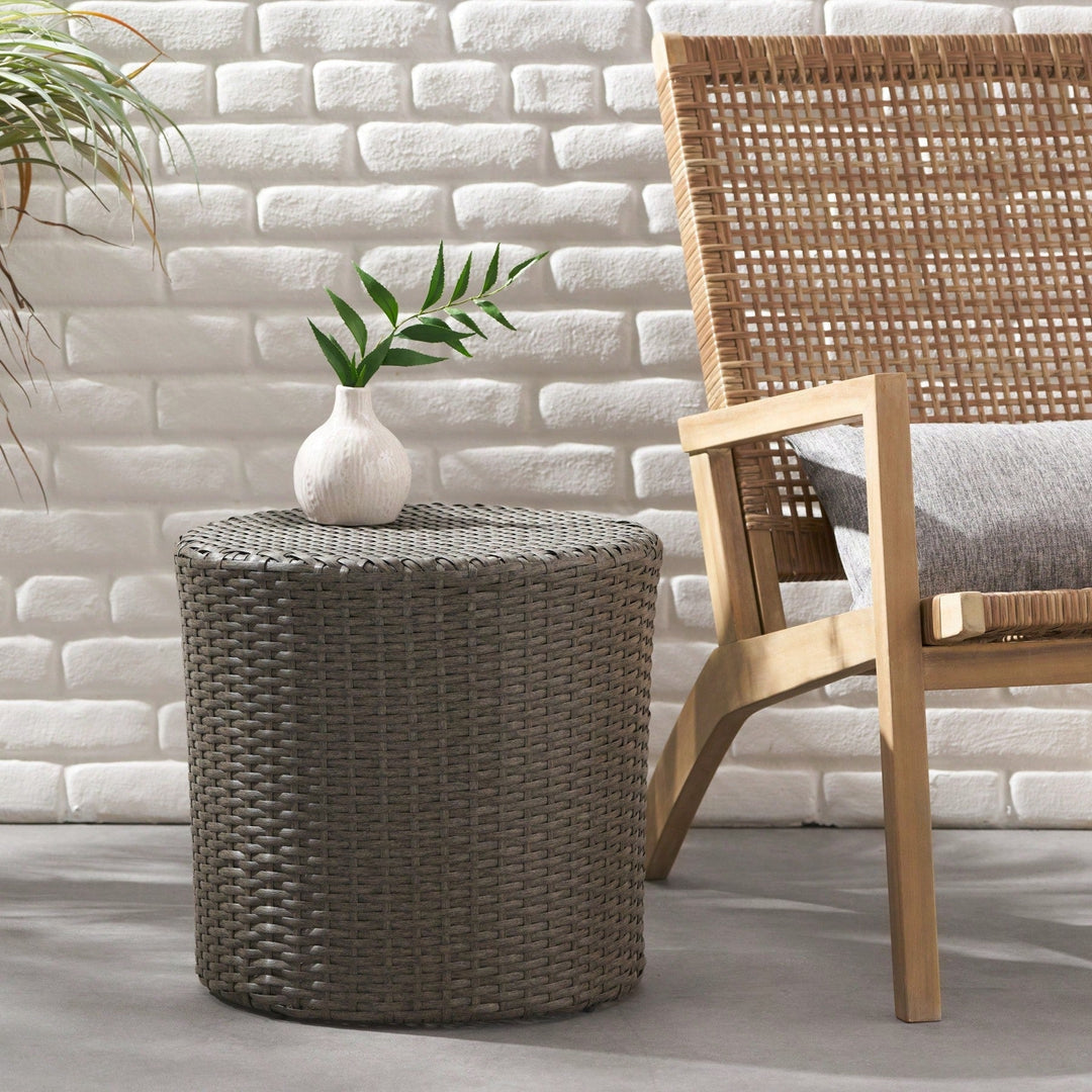 All-Weather PE Rattan Wicker Barrel Side Table with Iron Frame for Garden Balcony Poolside Use Image 5