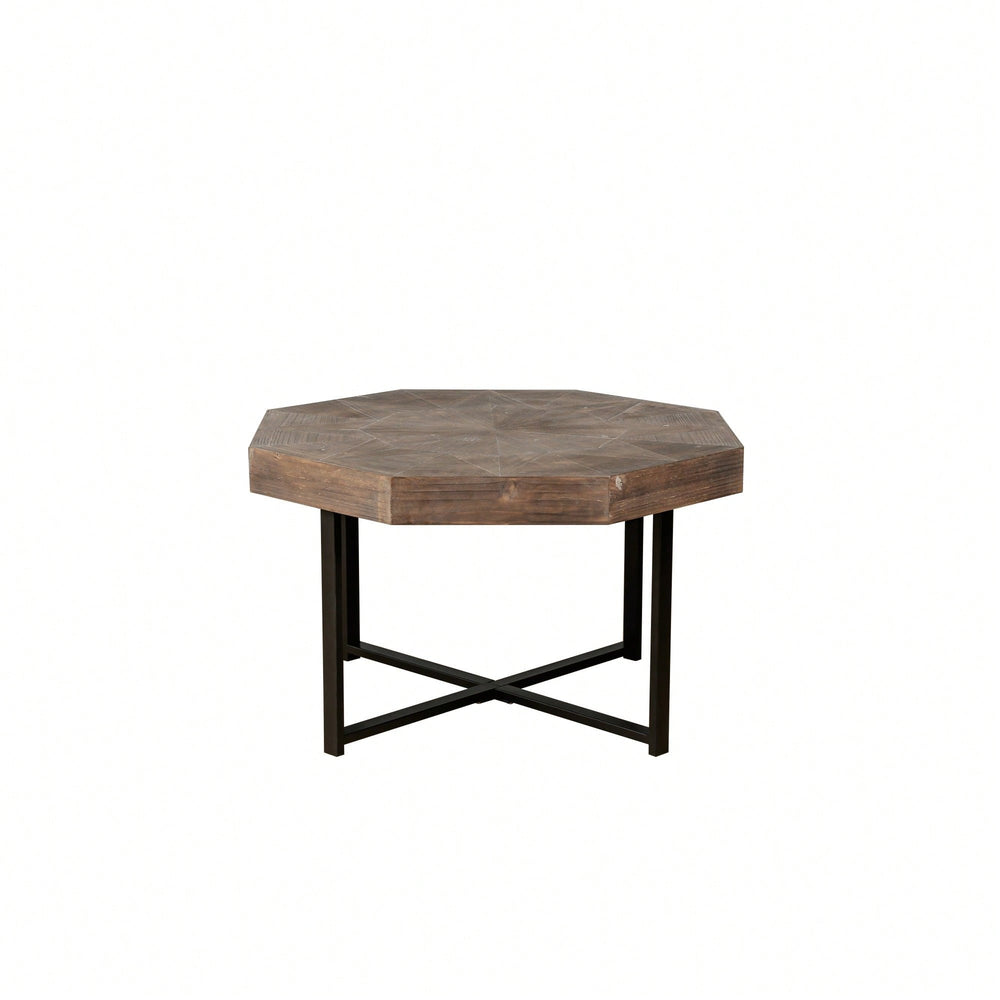 Antique Black Octagonal Wooden Patchwork Coffee Table With Cross Metal Legs For Living Room Decor 30 Inch Image 2